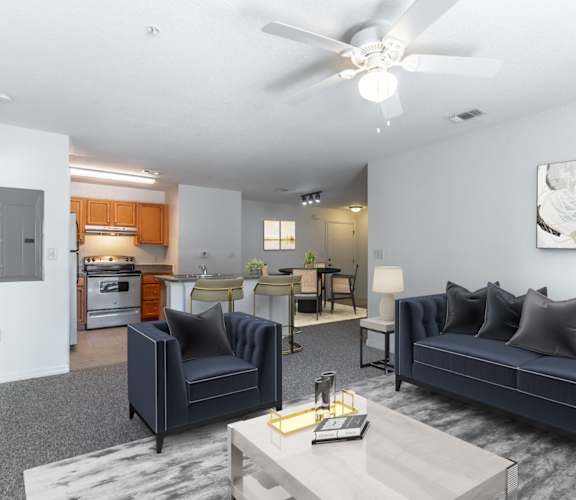 a living room with couches and a coffee table