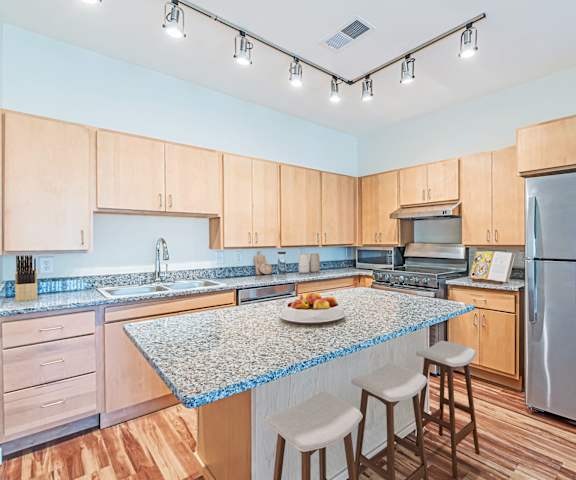 a kitchen with a granite counter top and stainless steel appliancesat The Promenade, Georgia
