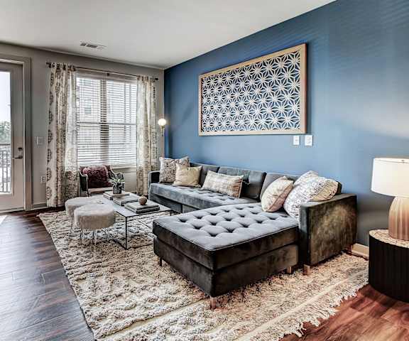 A living room with a dark brown sofa and a tufted ottoman at The Linden Apartments, Davidson, NC, 28036