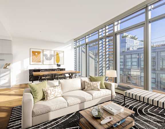 a living room with a white couch and black and white rug