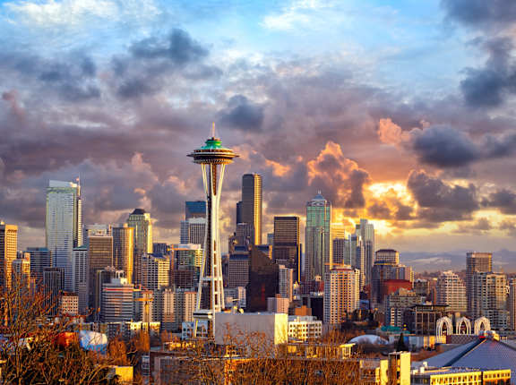 A city skyline with the Space Needle in the foreground.