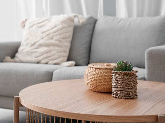 Model Living Room with Grey Couch and Coffee Table with Plants