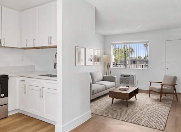 A modern kitchen with white cabinets and a grey sofa.