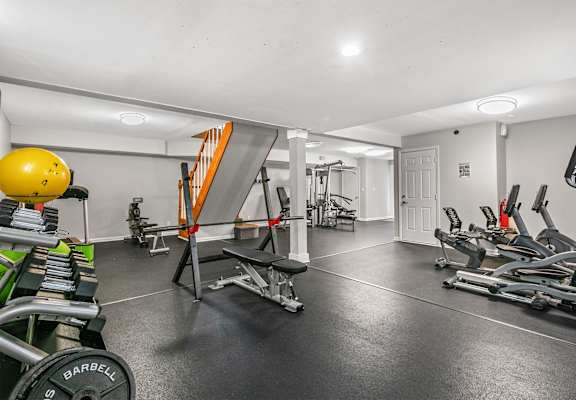 A gym with a variety of equipment including weights and cardio machines.