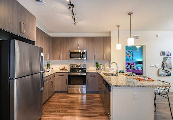 a kitchen with stainless steel appliances and a granite counter top at The Exchange in FL 33705