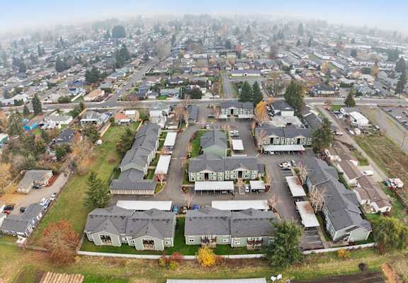 A bird's eye view of a residential area with houses and trees.