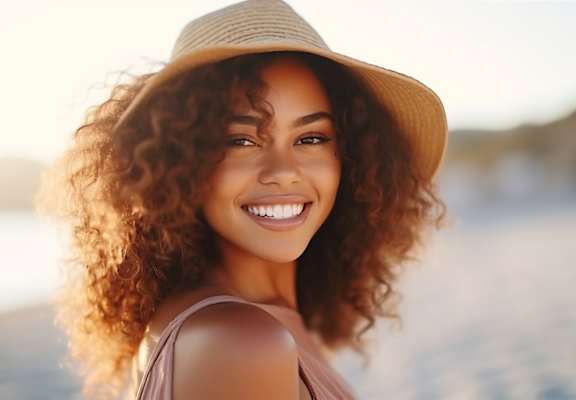a young woman wearing a hat and smiling at the beach
