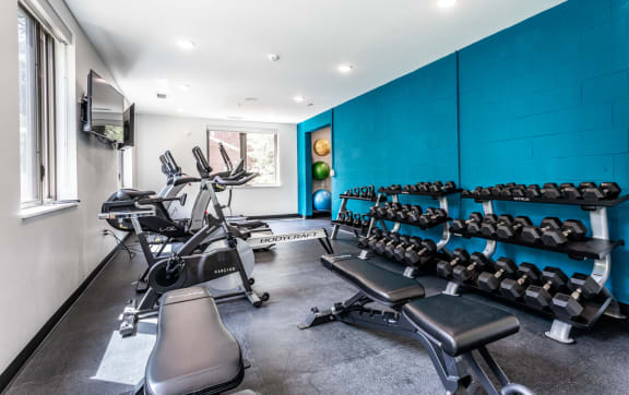 the gym has a wall of dumbbells and exercise equipment at The MK, Indiana
