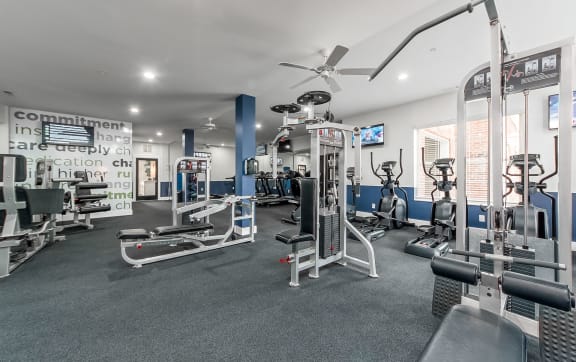 the gym has a wall of dumbbells and exercise equipment at The Greyson, Ohio, 43026