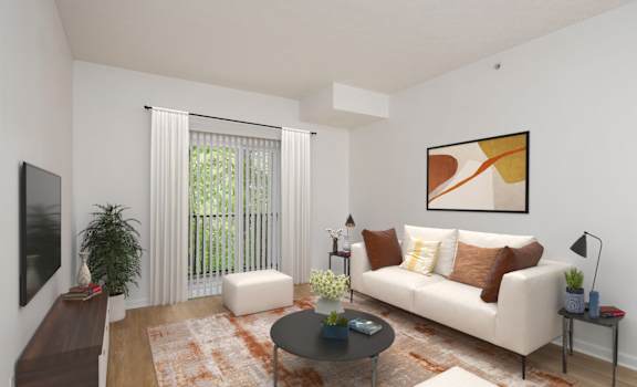 A living room with a white couch, a coffee table, and a painting on the wall. at Prescott Place, Columbus, OH, 43235