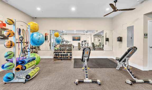 A gym with a variety of equipment including weights, a bench press, and a rowing machine.