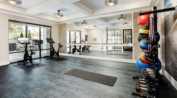 A gym with a row of exercise bikes and a wall of exercise balls.