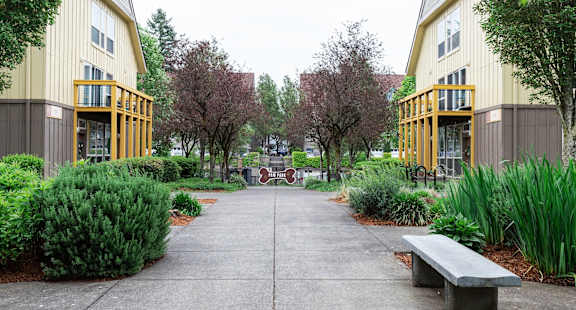 a walkway between two buildings with a bench