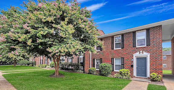 A tree with pink flowers is in front of a brick building.