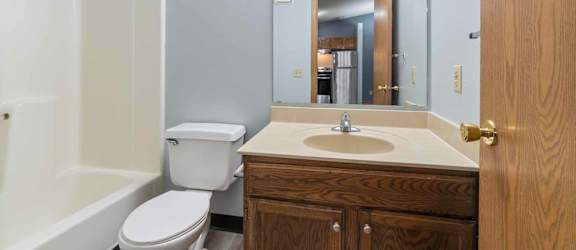 A bathroom with a white toilet, a sink, and a mirror.