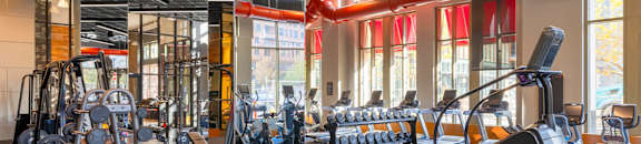 A gym with a variety of equipment including weights and cardio machines.