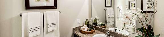 bathroom counter with soaps, towels, and sink at CASA GRANDE APARTMENT HOMES, Cypress