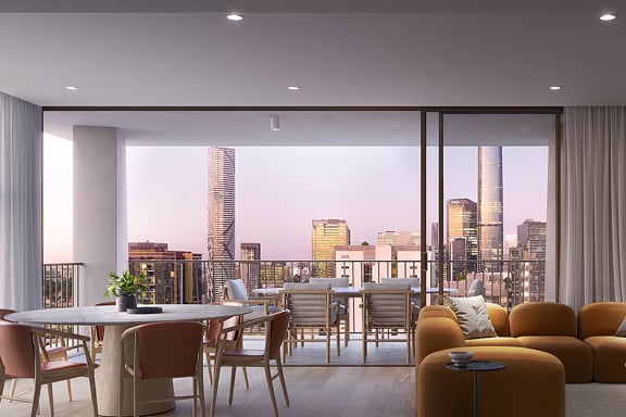 a rendering of a living room with a view of the city
