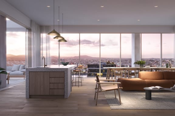 a rendering of a living room with a kitchen and a city view