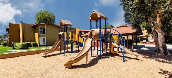 Community playground with slides and climbing bars