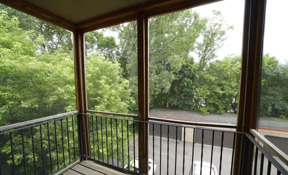 a screened in porch with a view of trees