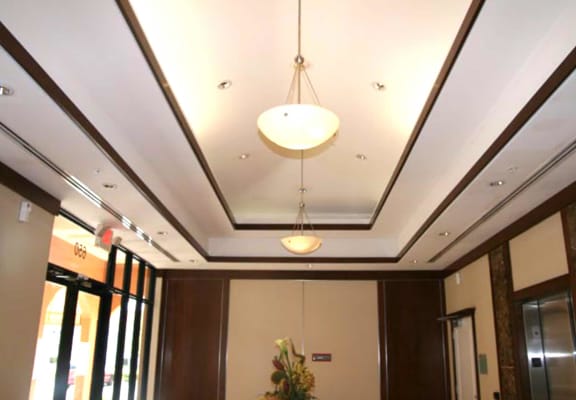 View of the coffered ceilings with the office entry lobby at Portofino Plaza