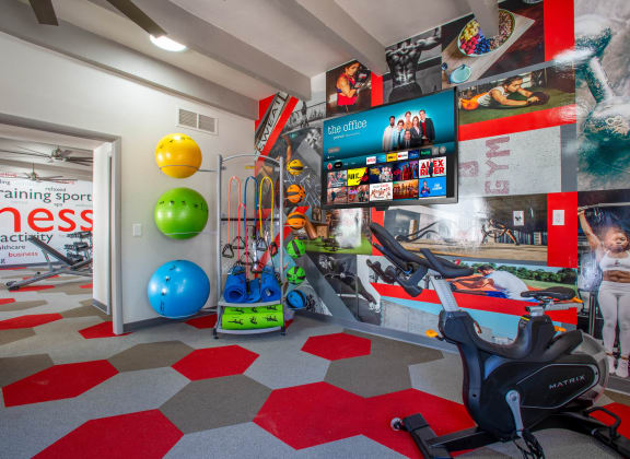 a home gym with a red and white checkered floor