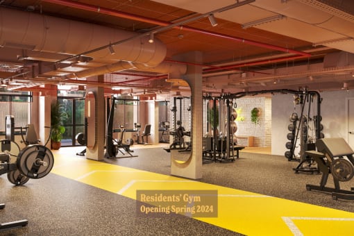 a rendering of a gym with weights and other exercise equipment in a building