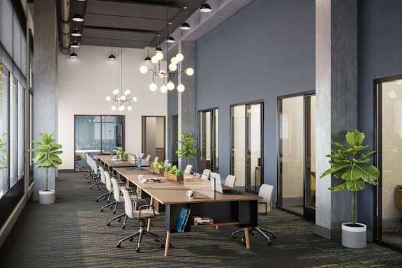 A modern office with a long table and chairs, and plants on either side.