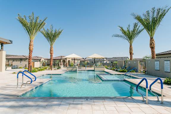 A swimming pool surrounded by palm trees and a sunny sky.