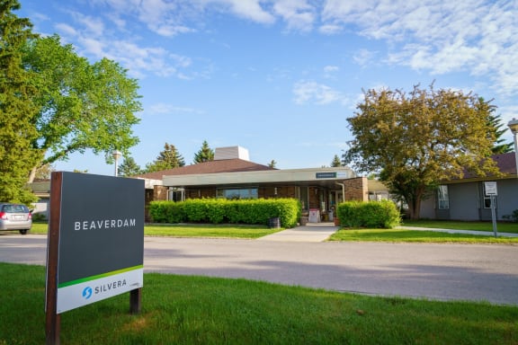 a building with a sign in front of it