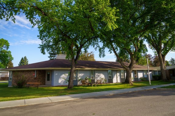 a white building with green trees in front of it