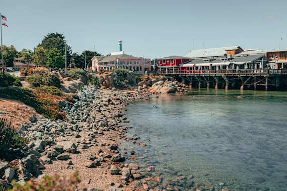 A rocky shore with a pier and buildings in the background.