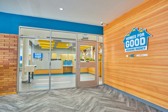 the entrance to a offices for good lobby with glass doors