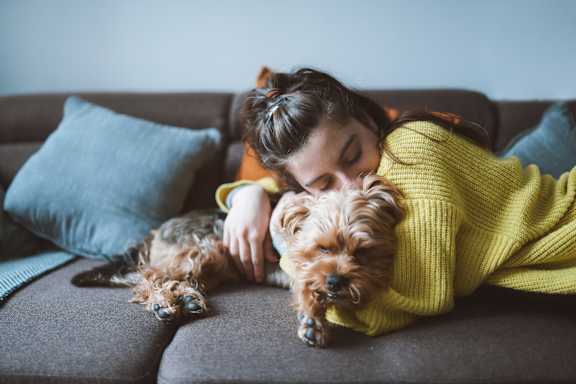 A woman in a yellow sweater is hugging a small dog on a grey couch.