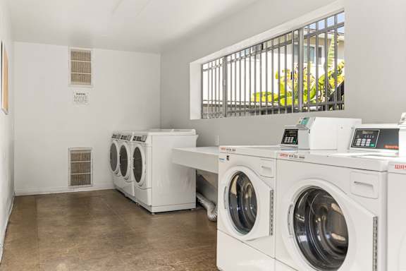 A row of front loading washing machines in a laundromat.