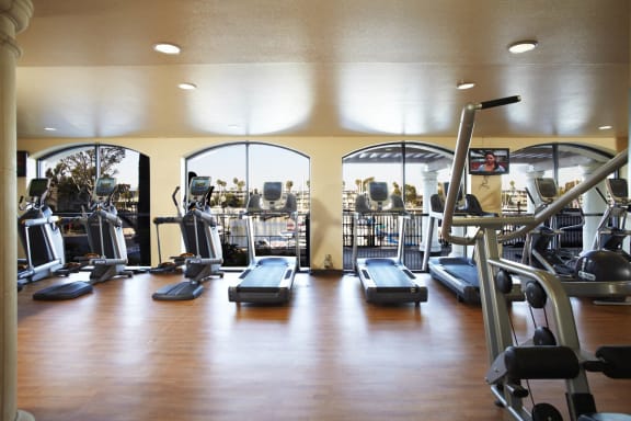 A gym with treadmills, exercise bikes and other equipment. at Marina Harbor, Marina del Rey, CA, 90292