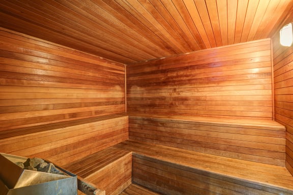 Sauna in the fitness center of Trinity Square Apartments