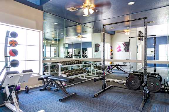 A gym with a variety of equipment including weights and a bench.