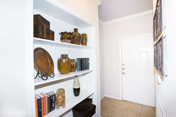 Built in bookshelf at Sonoma Grande Apartments in South Tulsa, OK 1, 2 & 3 Bedrooms.