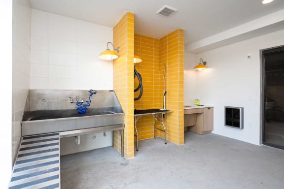 room with stainless steel pet wash, yellow tiled grooming area, and built in sink