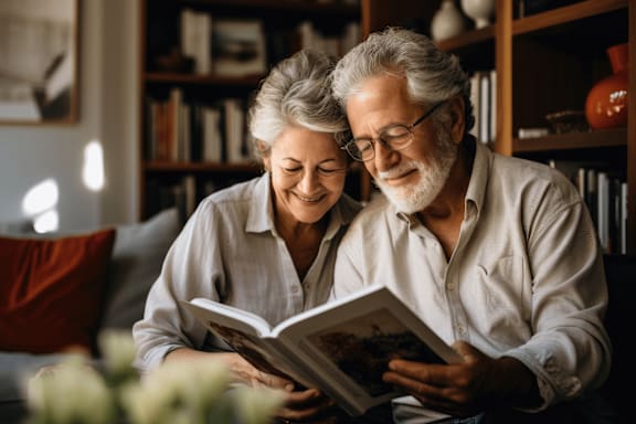 An older couple is reading a book together in a cozy room.
