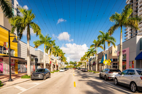a city street with cars parked on the side of the road and palm trees on both sides
