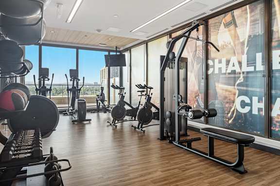 A gym with a variety of equipment including weights and a rowing machine.