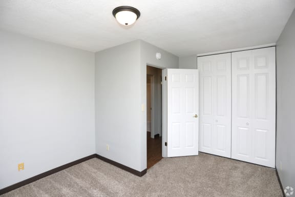 a bedroom with two closets and a carpeted floor