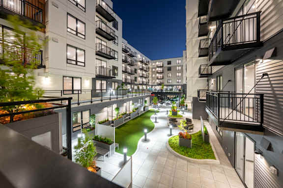 Aspire11 Apartments in Tacoma, Washington Courtyard at Dusk