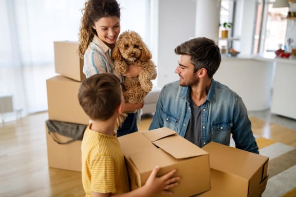Young Family Smiling Together While Packing