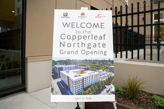 A sign welcoming people to the Copperleaf Northgate Grand Opening on April 21, 2026.