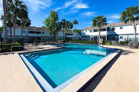A large swimming pool surrounded by palm trees and buildings.