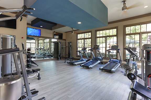 A gym with treadmills, weights, and a television.